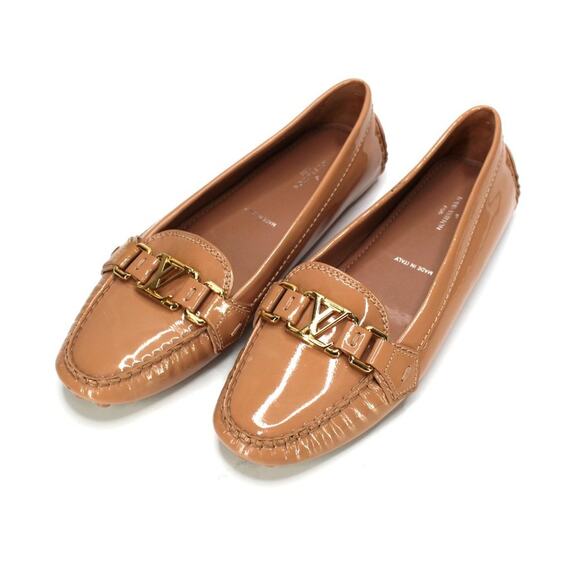 Louis Vuitton Tan Patent Driving Loafers Calfskin Leather Oxford Gold Logo 38 - Picture 1 of 9